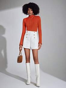 BizChic 女士高腰金属纽扣双排扣粗花呢短裤，春夏休闲短裤，适合各种场合，如休闲、浪漫、90年代复古风、派对、海滩、毕业典礼、度假、婚礼宾客、早午餐、机场等。 - 白色 - 查看 3