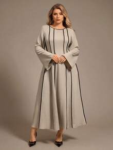 Auralis 大码秋季新款褶皱长袖A字长裙，卡其色连衣裙，春秋季女装，休闲女装 / 秋冬新款收腰撞色A字长袖连衣裙 / 松紧腰带收腰伞裙摆撞色春季大码连衣裙 / 宽松喇叭袖长袖 - 彩色 - 查看 6