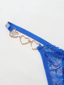 Sexy Metallic Ribbon Heart Decor Lace Splicing G-String Panty, Rave - Blue - View 7