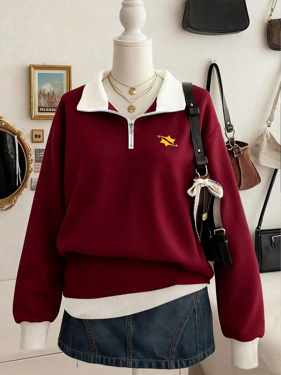Áo khoác nỉ có khóa kéo, kiểu dáng tối giản, màu đỏ đô, thích hợp cho các hoạt động mùa thu/đông, logo cổ điển kiểu Mỹ, phù hợp cho nữ sinh, kiểu áo polo, thời trang cho mùa xuân, đông, thu. - Màu Đỏ Sâu - Xem 1