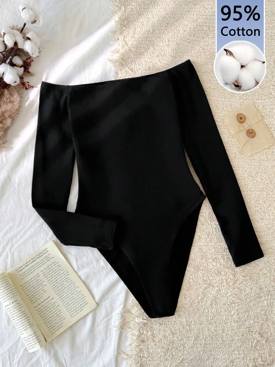 Tseoso 95% 纯棉性感纯色露肩长袖紧身衣，基本款分层单品，全年穿着，适合俱乐部，百搭百搭，秋冬，柔美女孩风格，休闲修身款，非常适合婚礼和秋季衣橱 - 黑色 - 查看 1