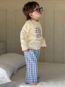 Hapijoa 2pcs Toddler Boys' Casual Letter Print Short Sleeve T-Shirt And Plaid Pants Loungewear Set - Yellow - View 6
