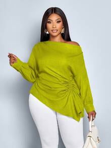 SOLERSUN 女士加大码秋冬纯色不对称领长袖侧抽绳褶皱时尚衬衫，不对称下摆蓝色梭织面料购物约会衬衫，手帕下摆，手帕下摆 - 橄欖綠 - 查看 6