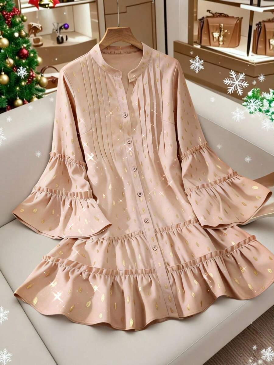 Franclia 大码金属箔宽松秋冬派对连衣裙荷叶边连衣裙法式长袖优雅连衣裙田园风派对连衣裙 - 藕粉色 - 查看 1