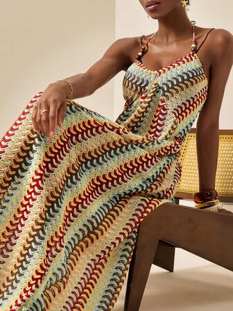 Écloséra Cubrecosturas de playa talla grande vendidos de primavera/verano con cuello de atar, decoración con cuentas, tela especial para vacaciones