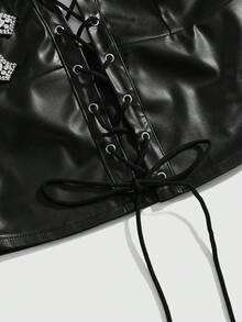 ROMWE Avant Áo ba lỗ cổ yếm phối ren kim loại PU Gyaru Biker phong cách Retro dành cho nữ - màu đen - Xem 4