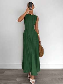 Siren Gaze Women's Army Green Sleeveless Round Neck Maxi Dress With Plicated Woven Fabric Details Casual Flared Long Tank Dress Women Vacation Dress Solid Color Dress Green Maxi Dress Women Ankle Length Dress Summer Holiday Resort - Army Green - View 4