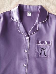 Tween Girls Pajamas-Pajama Set Purple Silky Striped Turn Down Collar Button Up Long Sleeve Top With Pants Elegant Comfortable Loungewear Four Season Sleepwear 2026 New Year Essential - Mauve Purple - View 4