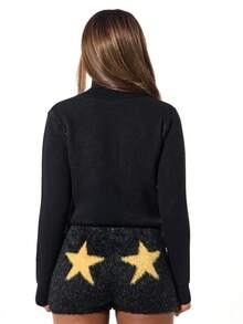 SUMWON WOMEN High Neck Fluffy Knit Star Number Graphic Sweater Long Sleeve Winter Fall Pullover - Black - View 2