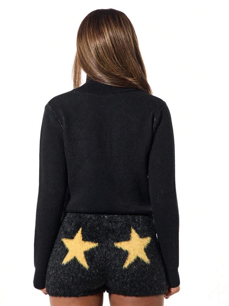 SUMWON High Neck Fluffy Knit Star Number Graphic Sweater Long Sleeve Winter Fall Pullover