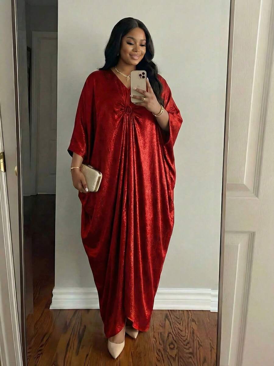 SHEIN Lady 生日派对礼服加大码 V 领短袖简约亮面开叉长款休闲连衣裙秋季女士金色连衣裙 - 紅色 - 查看 1
