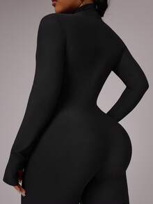 Rhythm Era Plus Size Women Thumb Hole Zipper Long Sleeve Jumpsuit, Cinched Waist, Casual Sportswear For Daily, Running, Yoga, Autumn/Winter Activewear Jumpsuit Women Sports Jumpsuits Compression Jumpsuit Tummy Control Jump Suit - Black - View 3