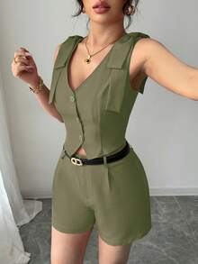 Elenzga 女士纯色蝴蝶结肩部装饰单排扣背心和短裤休闲套装 - 綠色 - 查看 5