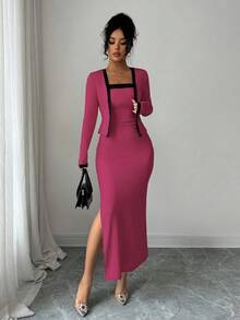 SHEIN Elenzya 两件套女士优雅撞色长袖开衫吊带裙套装，适合派对、家庭聚会、圣诞节、万圣节、情人节、新年、通勤和日常休闲穿着，秋冬季 - 玫紅色 - 查看 3