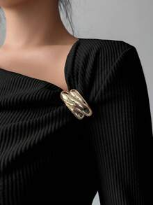 SHEIN Elenzya Women's Black Autumn Elegant Night Out Fleece Ribbed Oblique Collar Ruched Metal Button Decor Long Sleeve T-Shirt,Slim Fit Casual Top For Office - Black - View 8