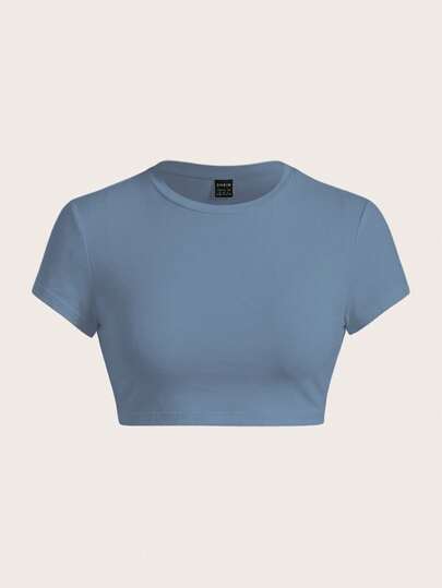 SHEIN ICON Casual Solid Color Round Neck Short Sleeve Cropped Fitted Women T-Shirt, Suitable For Summer Short Sleeve Crop Top Blue Crop Top Crop T Shirt Women Carnival