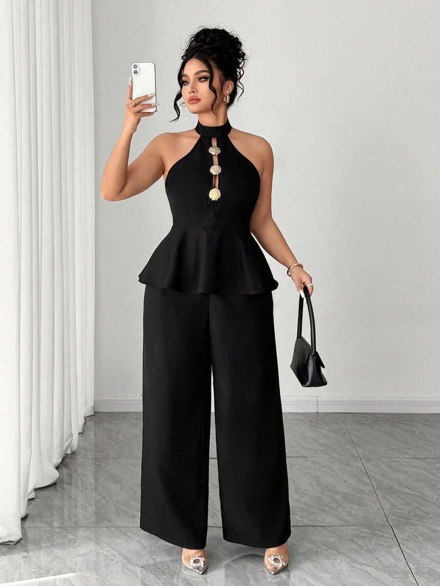 Elenzga Elegant Black Sleeveless Halterneck Plus Size Jumpsuit With Stand Collar And Shell Button Details Perfect Classy Co Ord Set - Black - View 1