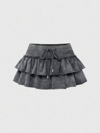 Grunge Punk Mini-jupe à taille basse et ourlet gâteau en tissu de sweat-shirt lavé pour femmes, style festival de musique