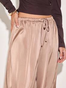 COSMINA Women's Satin Waist Tie Ruched Wide Leg Loose Harem Pants, Drawstring Pants. Satin Pants - Brown - View 3