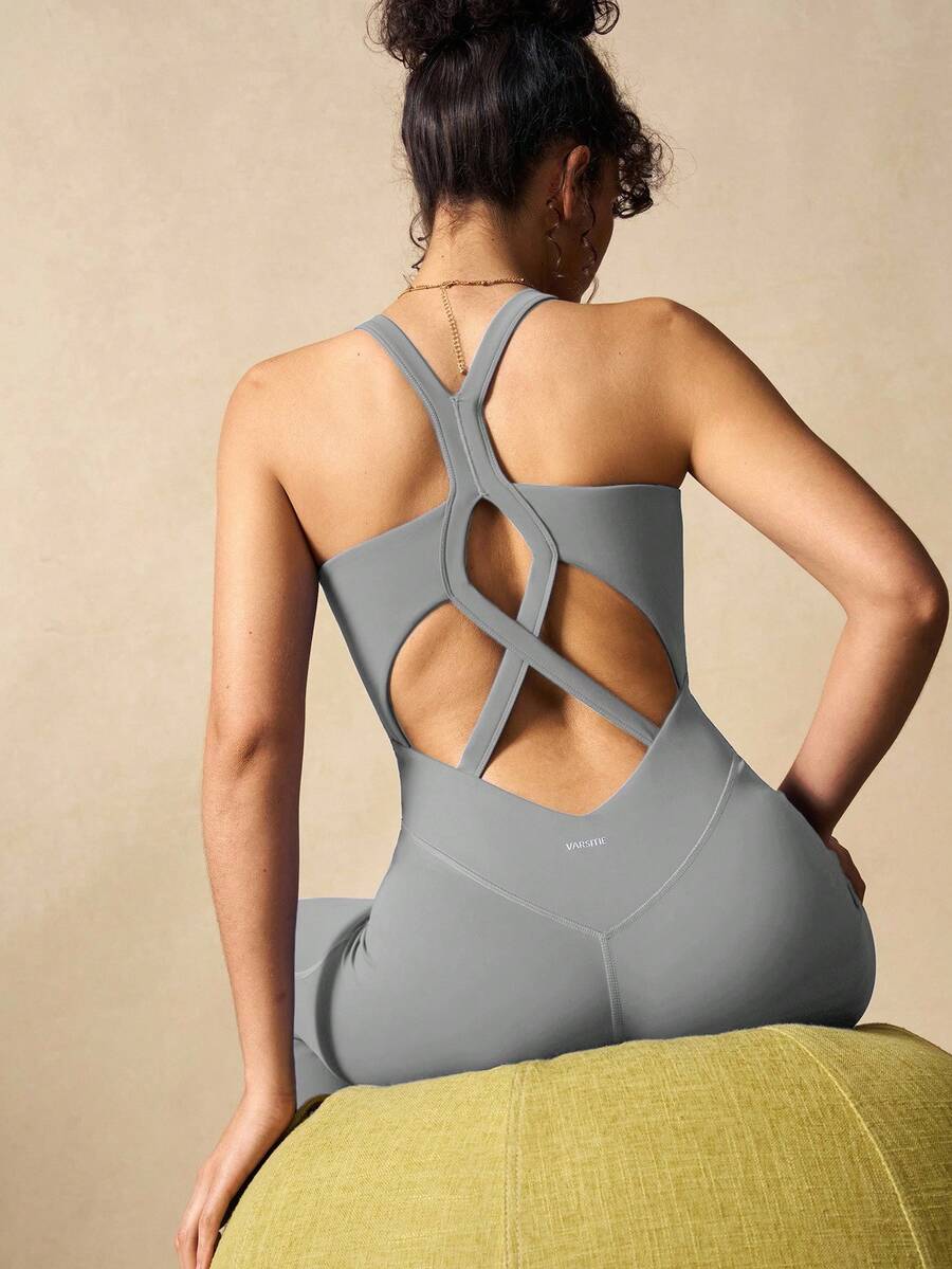 VARSIVA 女士露背交叉镂空设计连体裤 - 灰色 - 查看 1