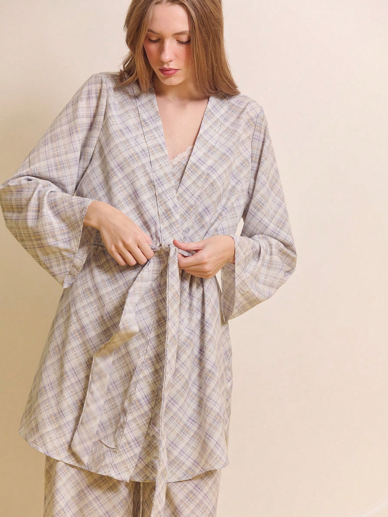 Check Printed Loose Fit Belted Pyjama Kimono Cosy Cute Plaid Loungewear Spring Summer Check Sleepwear Set French Style Parisian Style