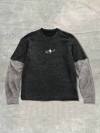 Maglietta casual da uomo a maniche lunghe con scollo rotondo e colori a contrasto