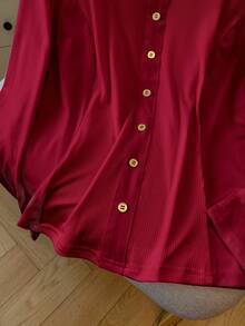 GlowEve CURVE 大码纯色圆领常规肩长袖休闲纽扣T恤 红色长袖红色上衣 红色开衫 女士深红色上衣 红色罗纹上衣 女士红色上衣 - 紅色 - 查看 6