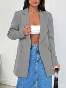 EURMUSE Blazer feminino casual/de trabalho de cor sólida com gola lapela e mangas compridas. - Cinza - Ver 6
