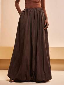 Zivah 2026 Spring/Summer New Arrival, Suitable For Valentine's Day Party, Wedding, Evening Party, Date, Gathering, Birthday, College Style, Student Wear, Daily Outing, All-Match Versatile, Casual, Vacation, Cruise Travel, Beach, Sunbathing, Trending, Elegant, Commute, Business Casual Women's High-Waisted Flare Leg Pants, White Vertical Striped Textured Fabric, Real Pockets, Spring/Summer Trousers, Dark Brown Pants, Casual Pants, Elegant Pants - Mocha Brown - View 4