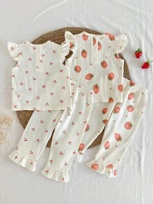 4 Stück/2 Sets Baby Mädchen Baumwolle Webstoff Erdbeere & Kirsche süßes Muster weich und bequem Pyjamas, perfektes Geschenk für Baby Mädchen - Verschiedenfarbig - Übersicht 2