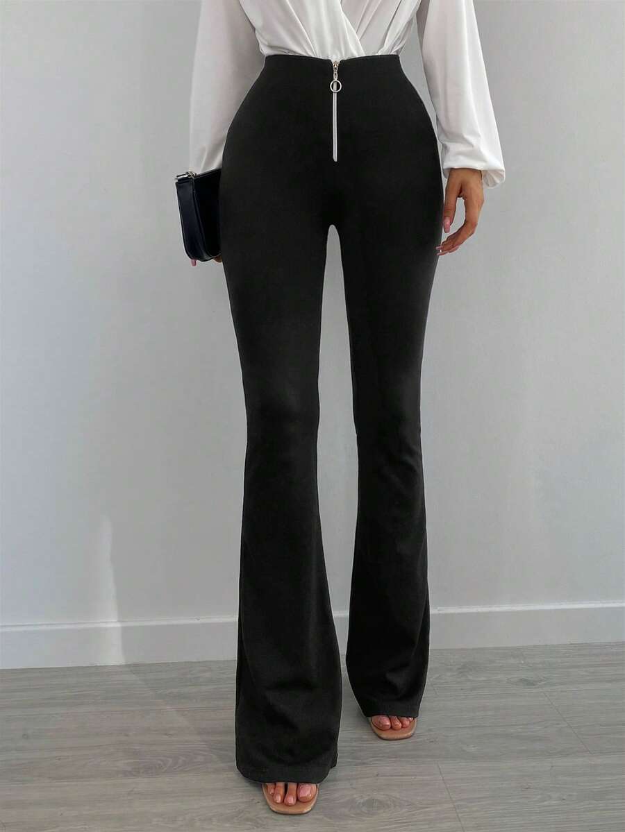 EURMUSE Petite Petite Size Flared Trousers With Zipped O-Ring - Black - View 1