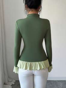 Elenzga Women's Lace Collar Raglan Sleeve Ruffle Hem Asymmetrical Hem T-Shirt - Olive Green - View 2