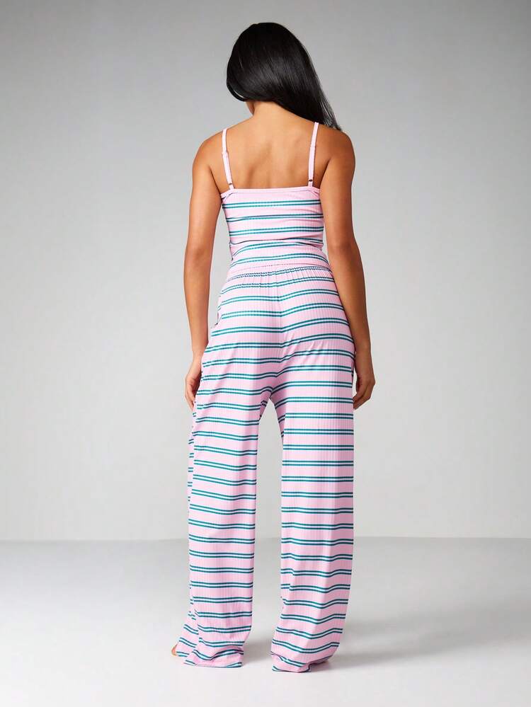 MISSGUIDED Conjunto de Regata Listrada e Calça Perna Larga para Descanso com Cintura Elástica e Cordão para Conforto e Relaxamento