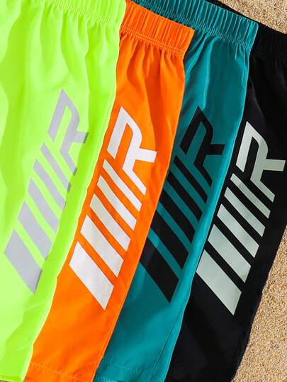 SHEIN 4pcs/Set Tween Boy Woven Loose Casual Beach Swim Shorts