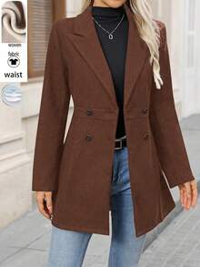 EMERY ROSE Áo khoác len pha trộn cổ trụ hai hàng khuy màu trơn dành cho nữ, Thu/Đông - màu nâu - Xem 1