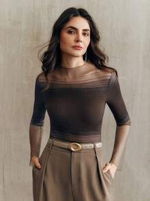 Anewsta Bộ áo thun dài tay cổ lọ màu tương phản và quần short cho nữ - Màu nâu  Mocha - Xem 7