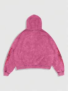 ROMWE MEN Street Life Sweatshirt Hoodie Motif Kepingan Salju Gaya Jalanan Pria - Berwarna merah muda - View 2