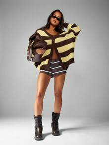 MISSGUIDED Cárdigan con botones delanteros oversize con cuello en V y rayas horizontales anchas para otoño e invierno - Amarillo - Ver 4