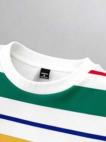 Manfinity Joysei 男士时尚彩色条纹圆领短袖T恤，日常百搭 - 彩色 - 查看 5