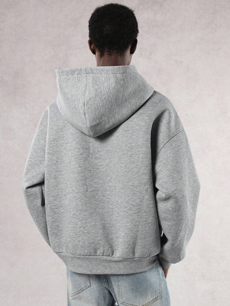 Men's Thickened Grey Letter Patch Hoodie, Autumn/Winter