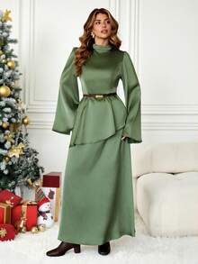 Flirla Plus Size Elegant Solid Color Tie-Up Shirt And Skirt 2-Piece Set Back Strap Dress Lantern Sleeve Dress Sage Dress Green Elegant Dress Green Dress Lace Up Detail Dress - Army Green - View 5