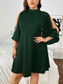 SHEIN Privé 大码女式蝙蝠袖露肩宽松A字连衣裙，酒红色，适合婚礼、度假等场合，新品上市 - 綠色 - 查看 5