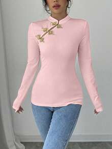 Elenzga Women's Elegant Cheongsam Collar Chinese Button Decor Long Sleeve T-Shirt, Women Tops For Spring - Pink - View 5