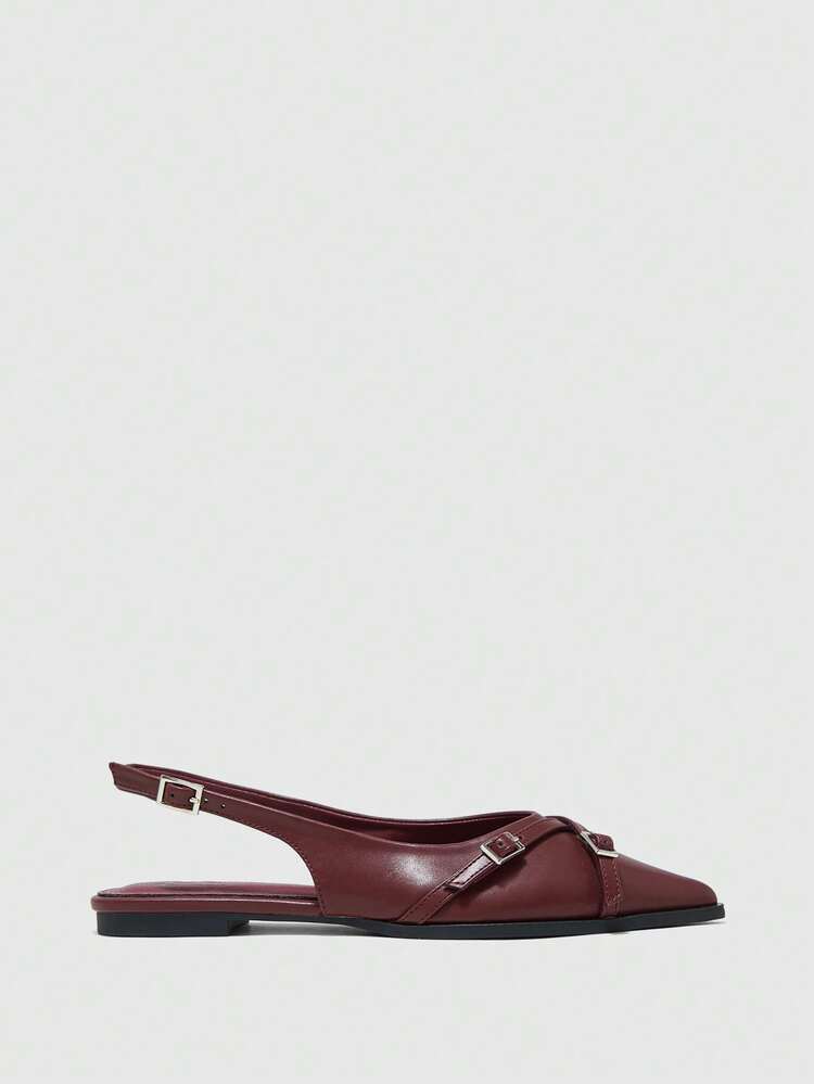 CUCCOO BIZCHIC 女性用 尖った先端 フラット バーガンディー バックストラップ クリスクロス 快適 ミニマリスト スリングバック フラットシューズ、通勤や仕事に幅広く使えます