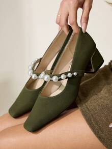 CUCCOO CHICEST Women's Vintage Elegant Suede Pumps With Pearl, Rhinestone Chain Strap, Square Toe, Block Heel, Suitable For Formal Occasions, Parties, Christmas, New Year, Green - Green - View 2