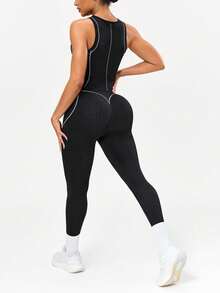 SHEIN Sports Women's Seamless Black And White Camisole,3/4 Leggings Sports Set,Summer Athleisure,Gym Yoga Active Wear,Shaping Compression Workout Set,Daily Wear - Black and White - View 4
