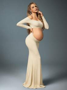 MaterniChic 1pc Maternity Off-Shoulder Long Sleeve Top And Elastic Waist Mermaid Skirt, Suitable For Photoshoot, Black Maternity Outfit - Apricot - View 4