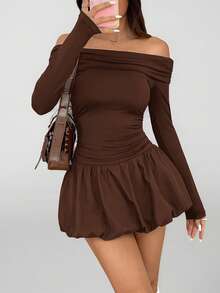 SHEIN PETITE Đầm ngắn tay dài lệch vai màu trơn có bèo nhún ở gấu dành cho nữ, thích hợp cho mùa hè, xuân và hè. - màu nâu - Xem 9