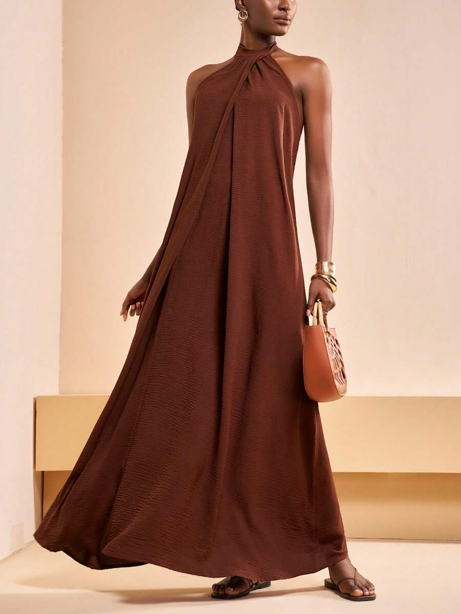 Zivah 2026春夏新品，适合情人节、音乐节、复活节、西部风、游牧风、波西米亚风、纳什维尔风、派对、婚礼、晚宴、约会、聚会、生日、学院风、学生装、日常休闲、百搭基础款、休闲、度假、邮轮旅行、海滩、日光浴、潮流、优雅、通勤、商务休闲等场合。小立领系带，性感露背，前交叉褶裥，宽松A字长裙，棕色长裙，休闲长裙，度假长裙，女士长裙 - 棕色 - 查看 1