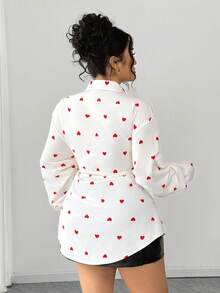 Elenzga Langarm Shirt mit Herzprint und geraffter Taille für Damen in Große Größen, Tailliertes Design für Ausgänge und Dates, Valentinstag - Weiss - Übersicht 2